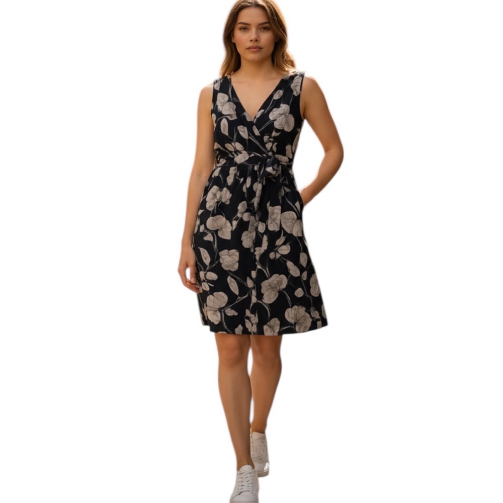 ANTHRO TIBI BLACK WHITE BLUE CRISS CROSS SILK SLEEVELESS DRESS 6